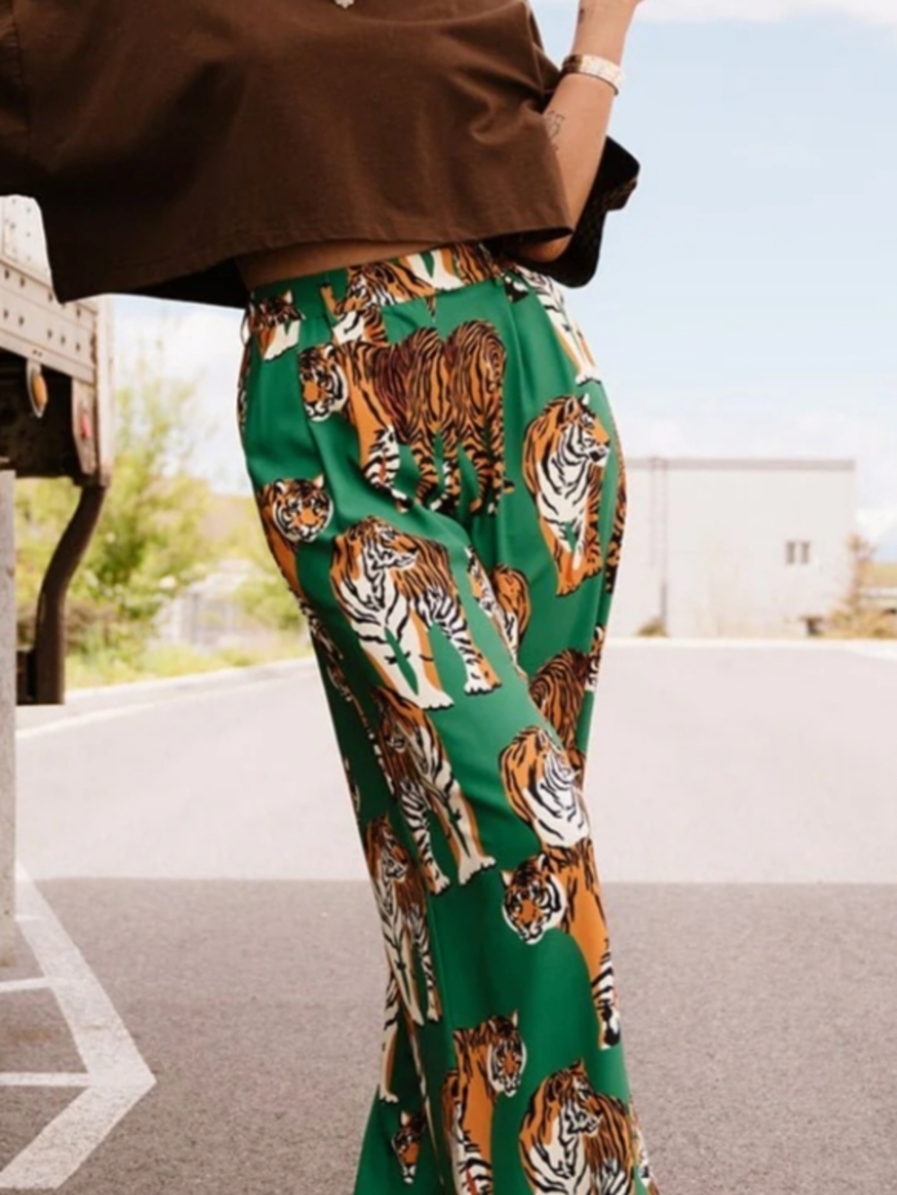 LaLa, Green Tiger Print Wide-Leg Pants